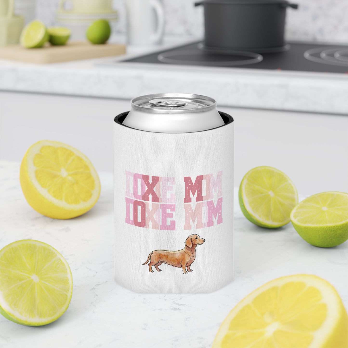 Dachshund Mom Can Cooler – 'Doxie Mom' Pink Watercolor Beer Koozie
