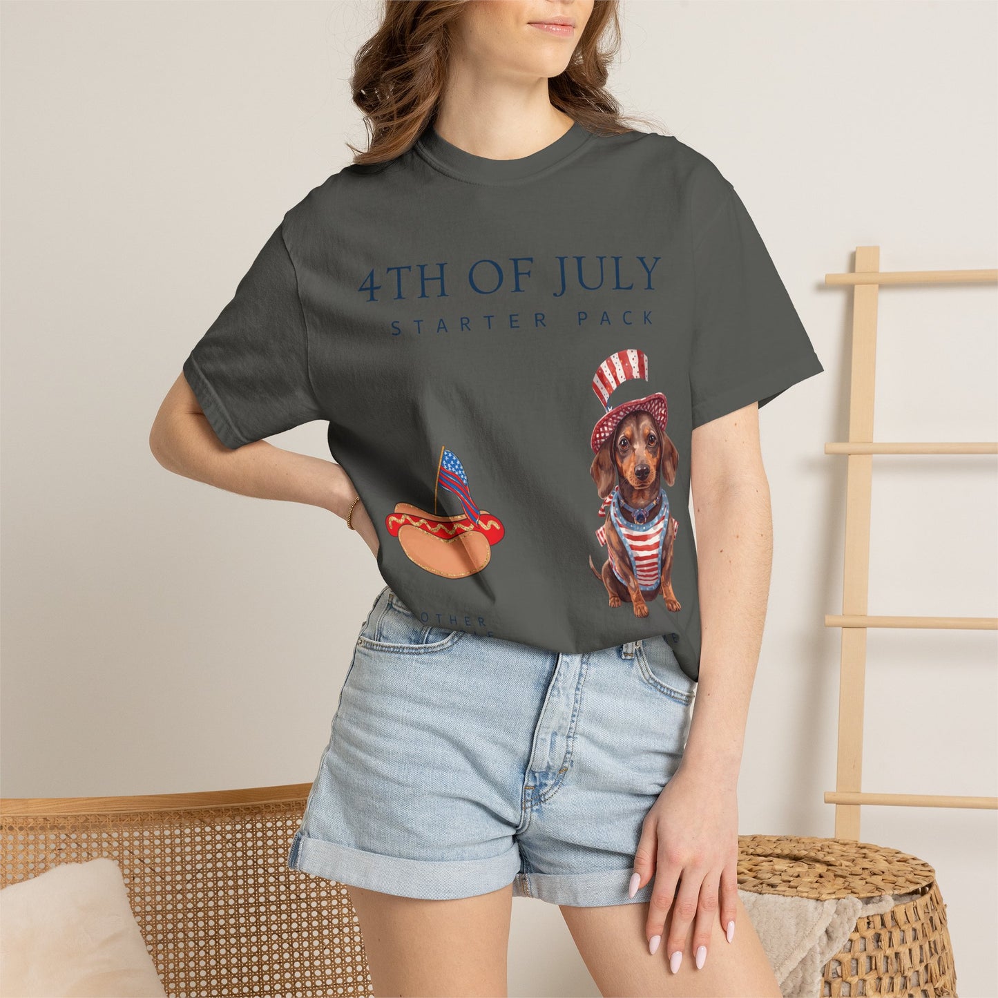 T-Shirt — "4th of July Starter Pack" Patriotic Dachshund Hot Dog Graphic Tee