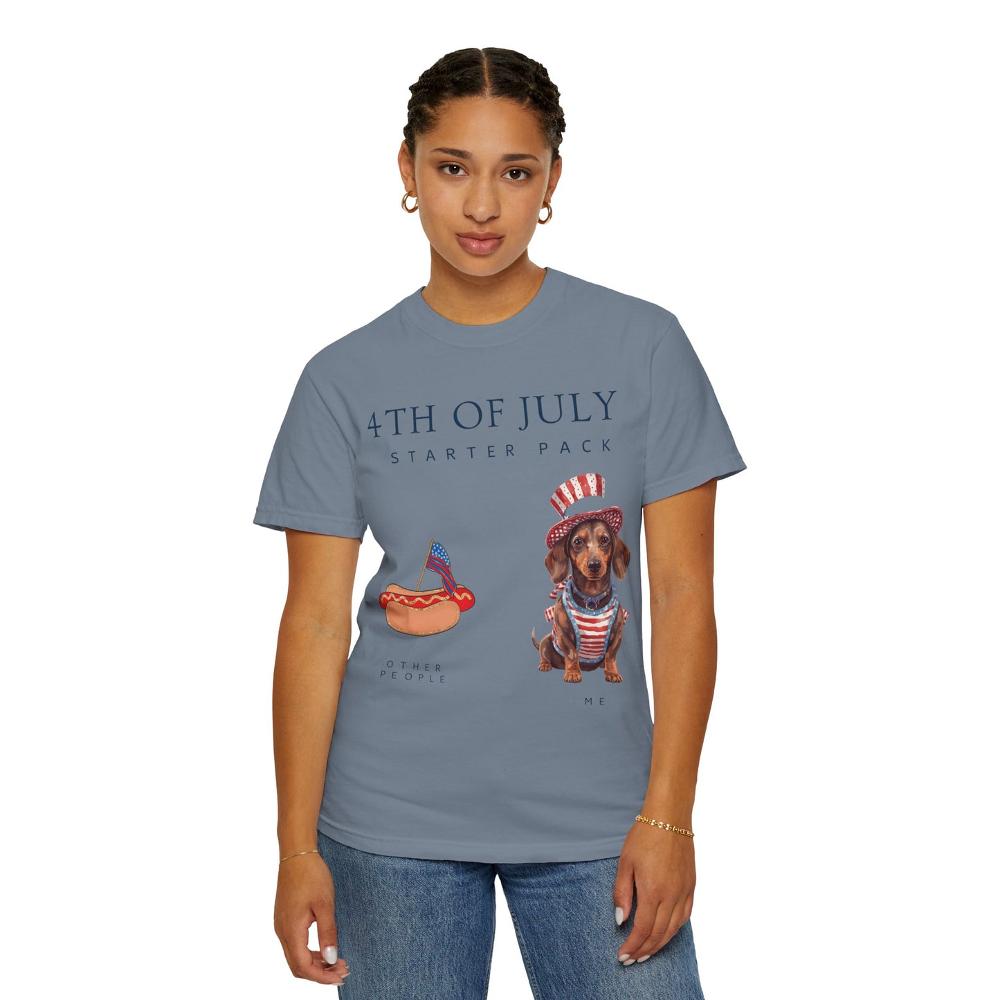 T-Shirt — "4th of July Starter Pack" Patriotic Dachshund Hot Dog Graphic Tee
