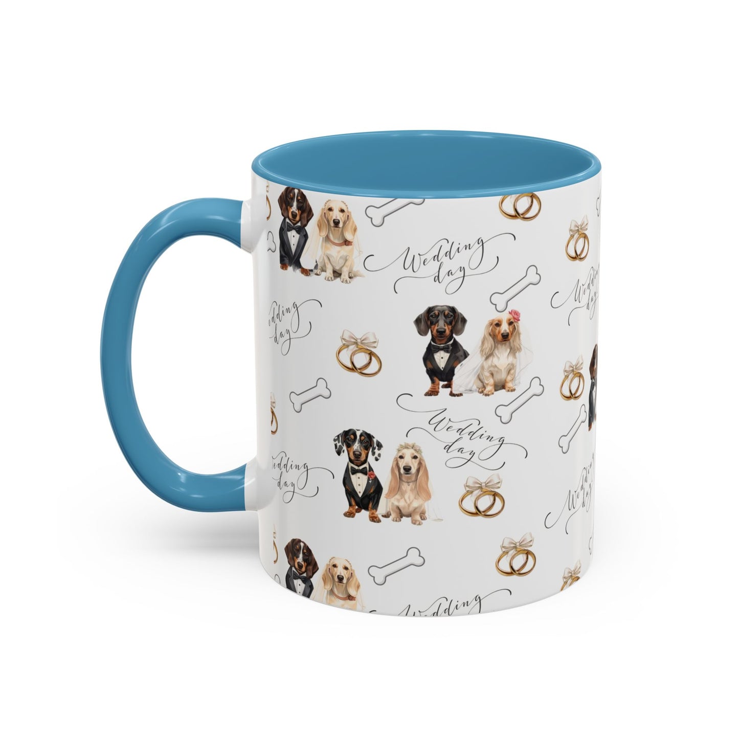 Wedding Dogs Coffee Mug — Cute Dachshund & Golden Retriever Pattern with 'Wedding Day' Accents (11/15oz)