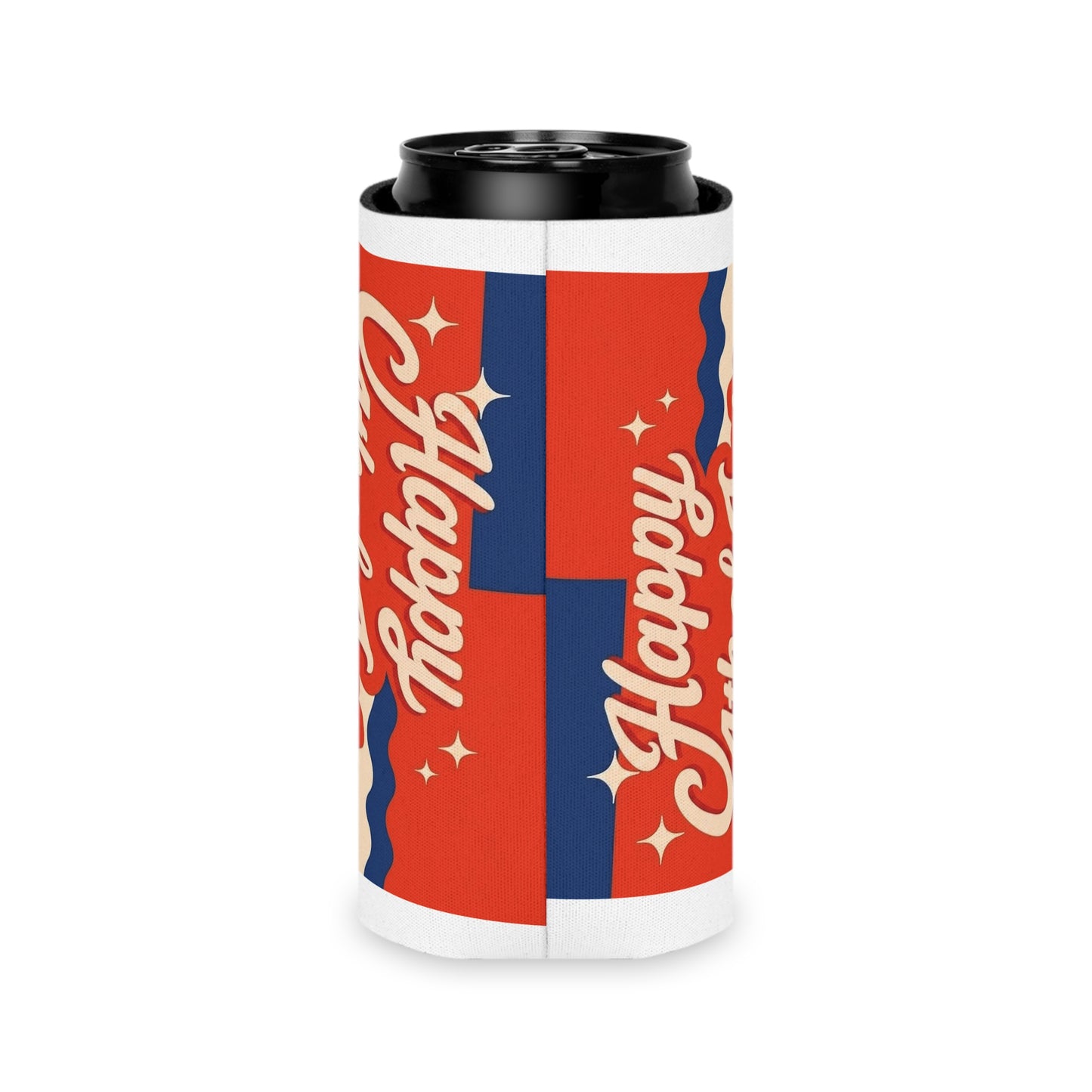 4th of July Can Cooler — "Happy 4th of July" Patriotic Beverage Koozie