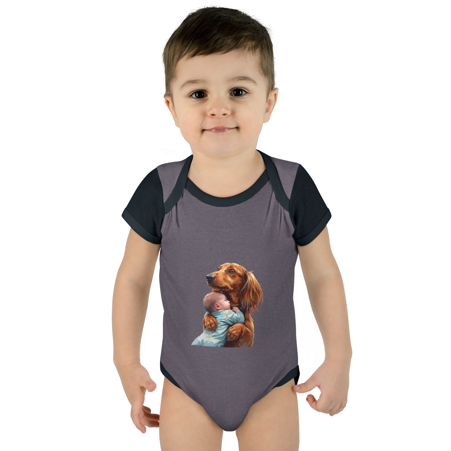 Baby Bodysuit with Dachshund Holding Newborn – Cute Infant Onesie Gift
