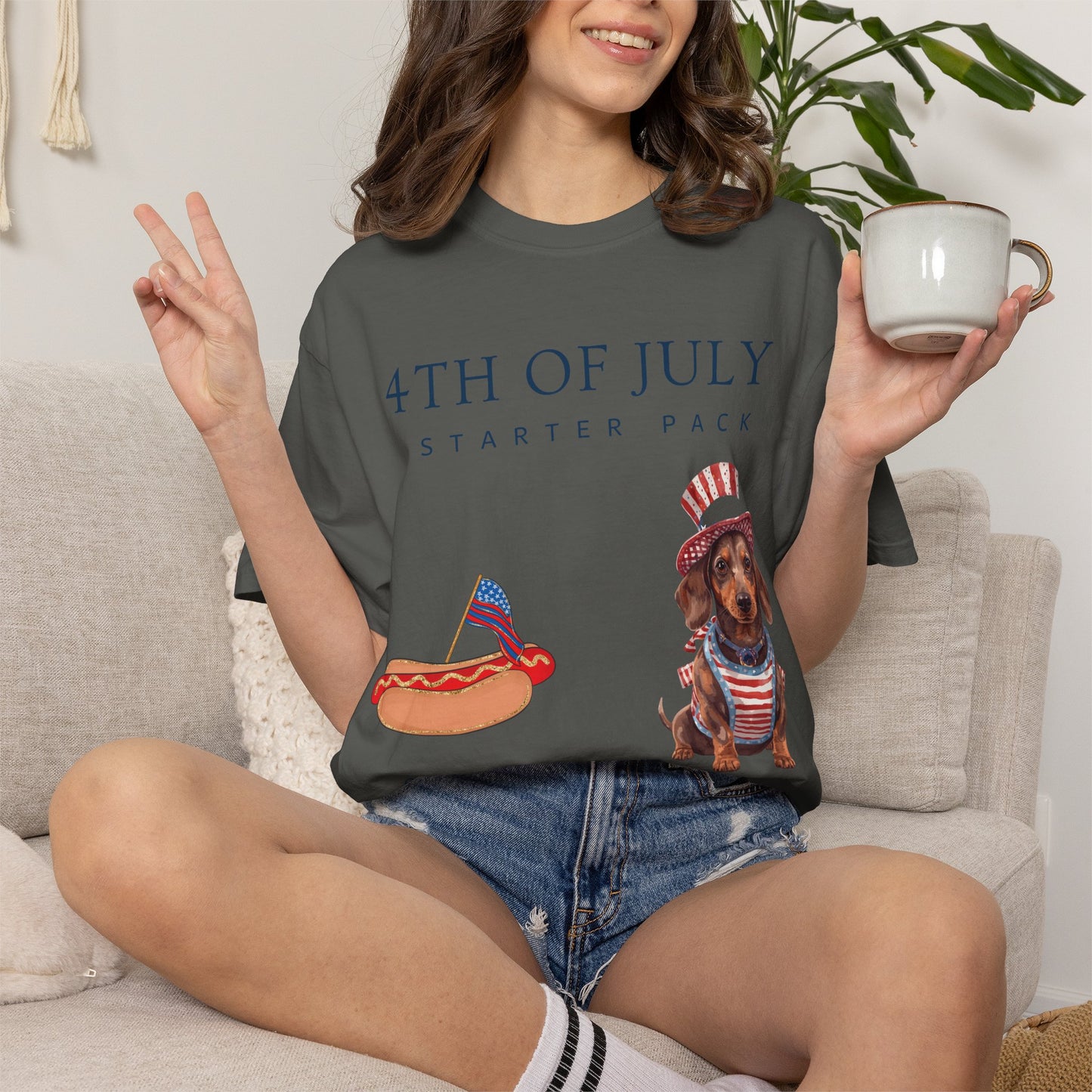T-Shirt — "4th of July Starter Pack" Patriotic Dachshund Hot Dog Graphic Tee