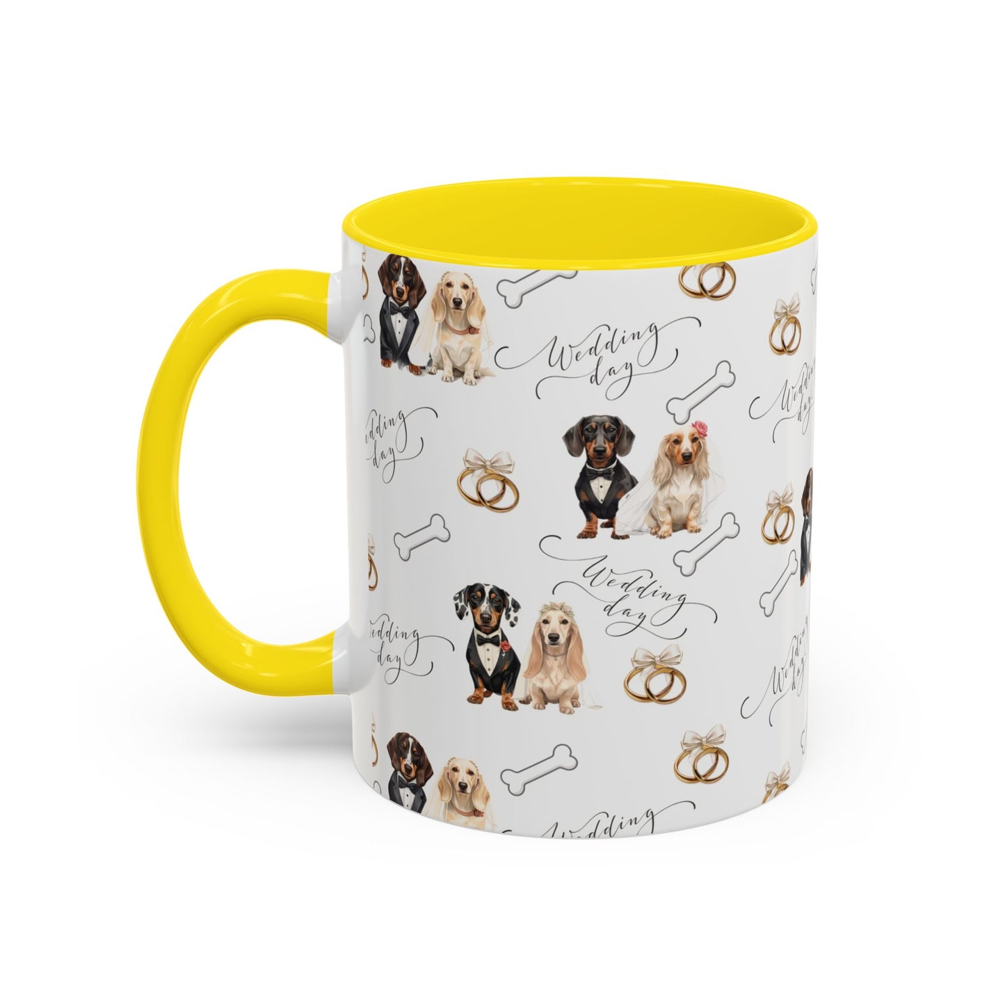 Wedding Dogs Coffee Mug — Cute Dachshund & Golden Retriever Pattern with 'Wedding Day' Accents (11/15oz)