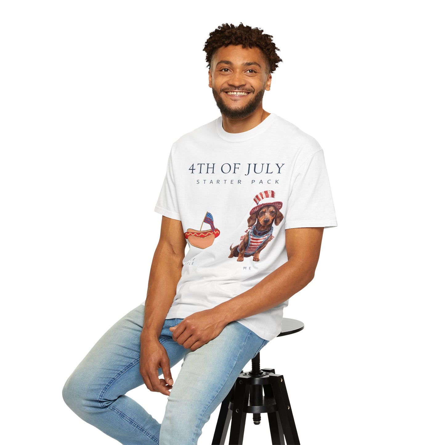 T-Shirt — "4th of July Starter Pack" Patriotic Dachshund Hot Dog Graphic Tee
