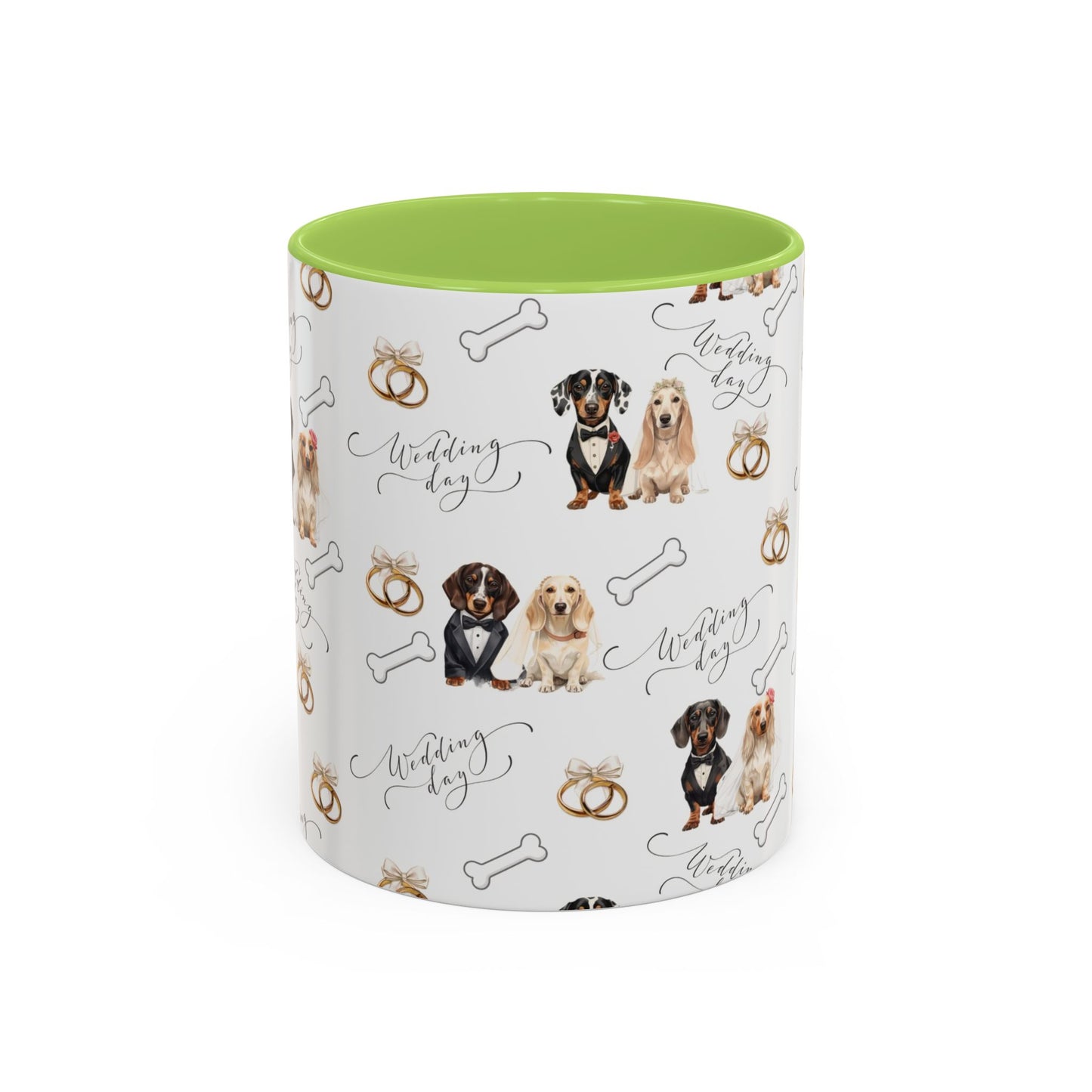 Wedding Dogs Coffee Mug — Cute Dachshund & Golden Retriever Pattern with 'Wedding Day' Accents (11/15oz)