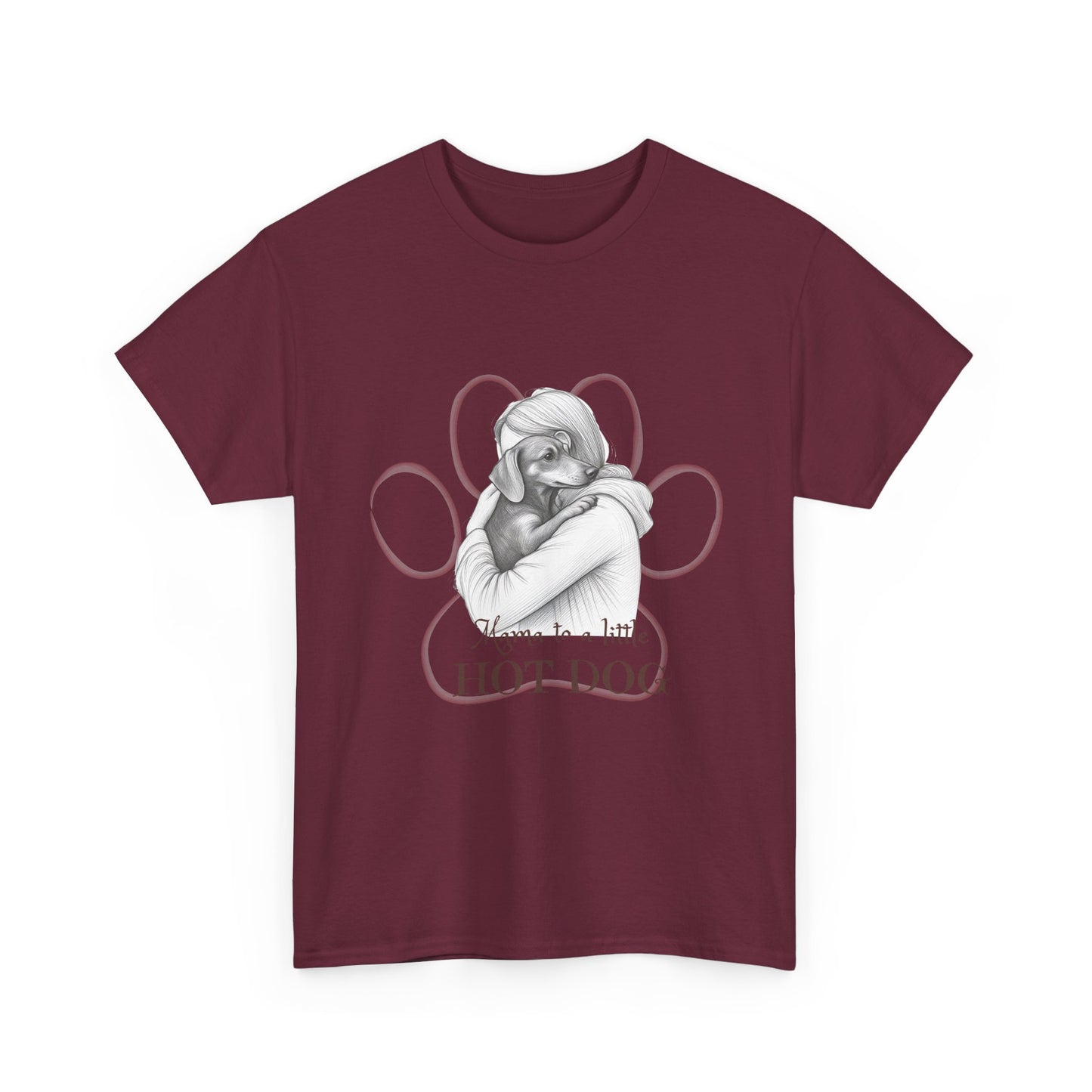 T‑Shirt — Retro Mom Dog Illustration with “MAMA to a Little HOT DOG” Text