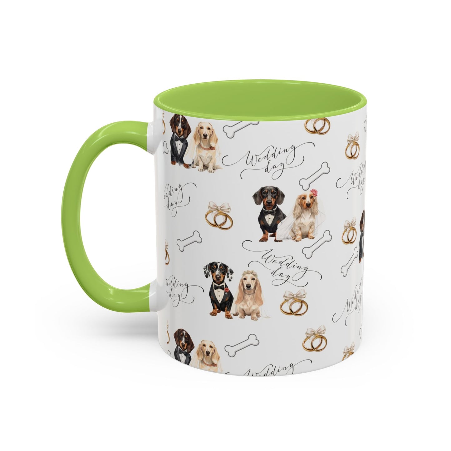 Wedding Dogs Coffee Mug — Cute Dachshund & Golden Retriever Pattern with 'Wedding Day' Accents (11/15oz)