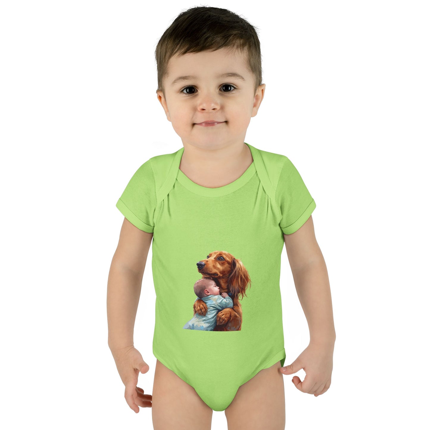 Baby Bodysuit with Dachshund Holding Newborn – Cute Infant Onesie Gift