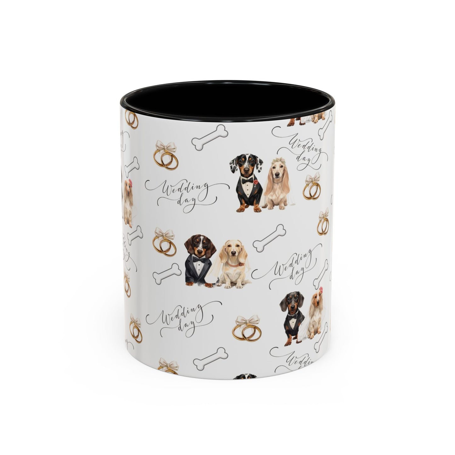 Wedding Dogs Coffee Mug — Cute Dachshund & Golden Retriever Pattern with 'Wedding Day' Accents (11/15oz)
