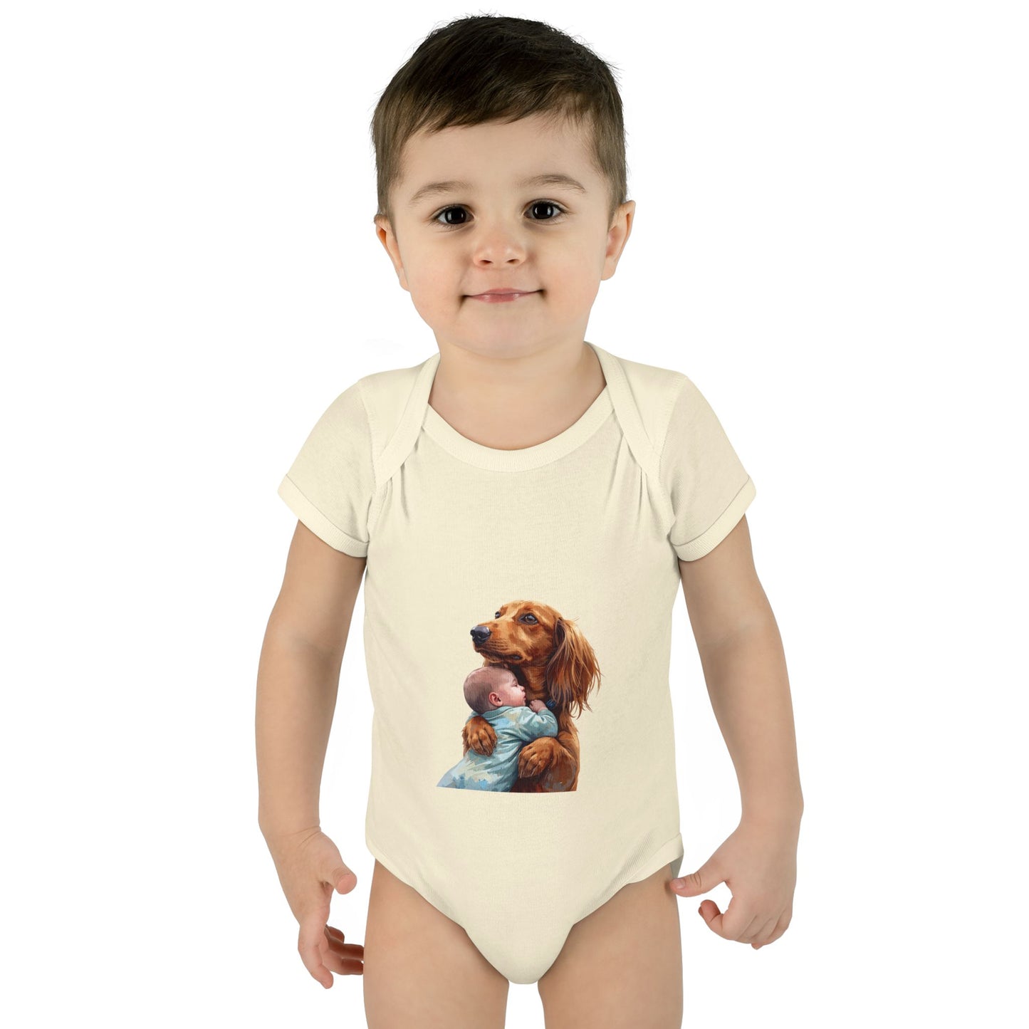 Baby Bodysuit with Dachshund Holding Newborn – Cute Infant Onesie Gift
