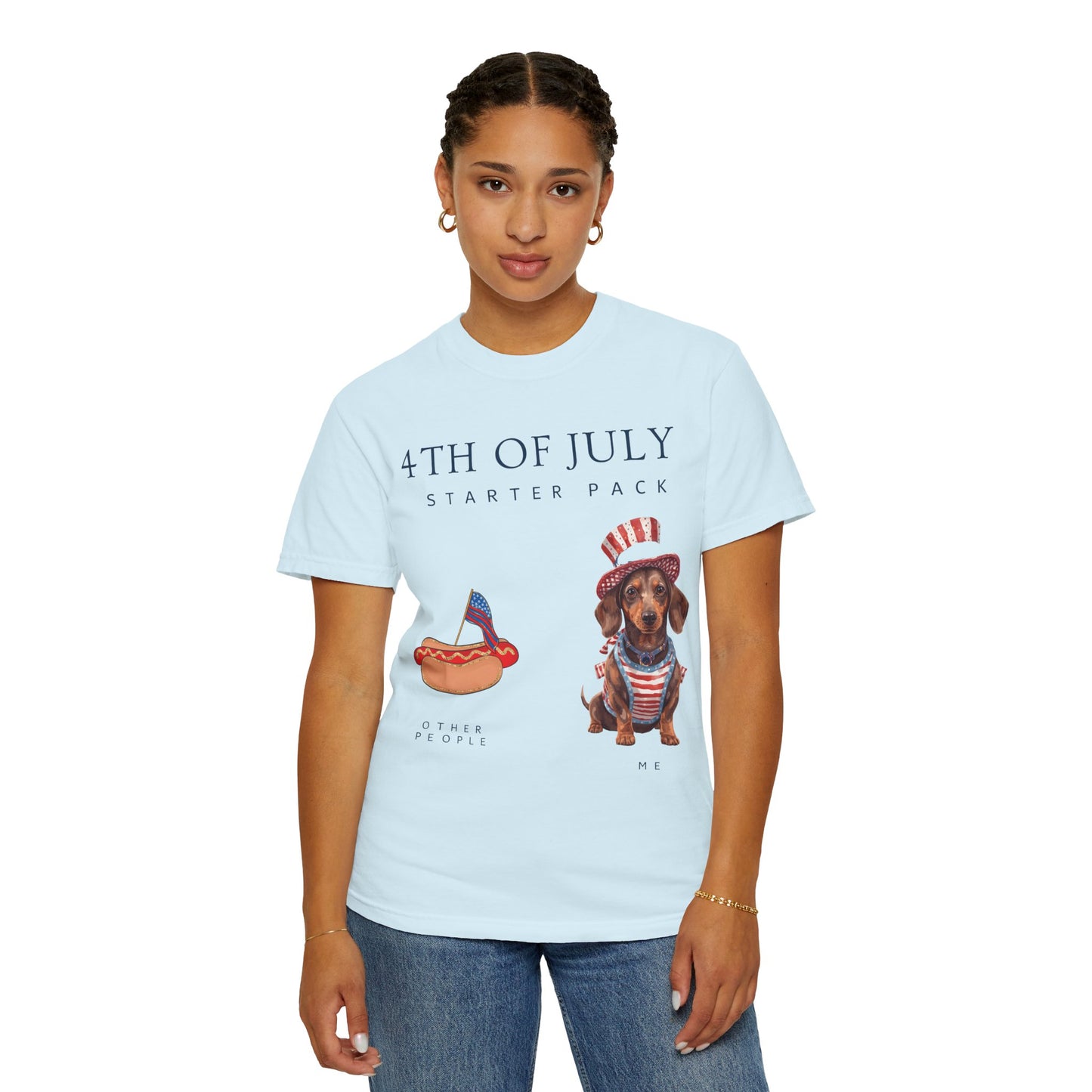 T-Shirt — "4th of July Starter Pack" Patriotic Dachshund Hot Dog Graphic Tee