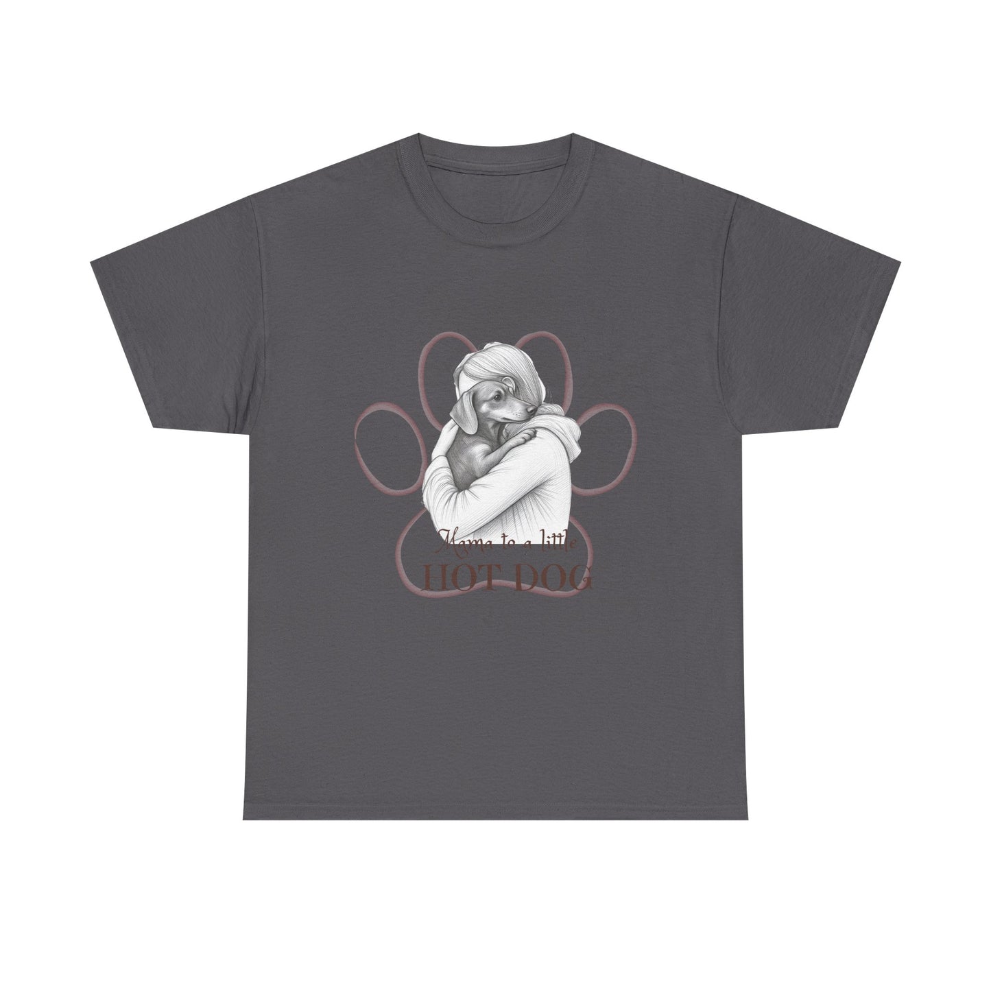 T‑Shirt — Retro Mom Dog Illustration with “MAMA to a Little HOT DOG” Text