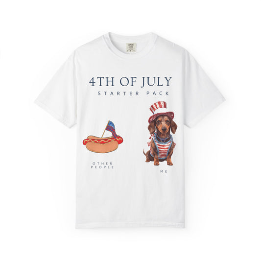 T-Shirt — "4th of July Starter Pack" Patriotic Dachshund Hot Dog Graphic Tee