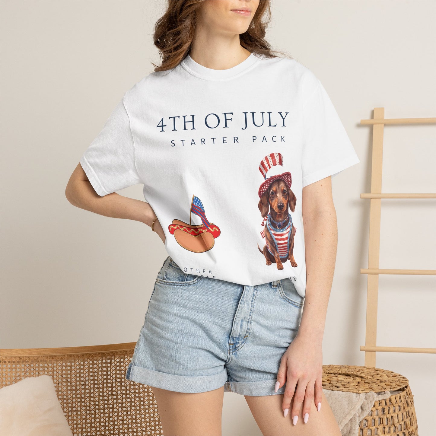 T-Shirt — "4th of July Starter Pack" Patriotic Dachshund Hot Dog Graphic Tee