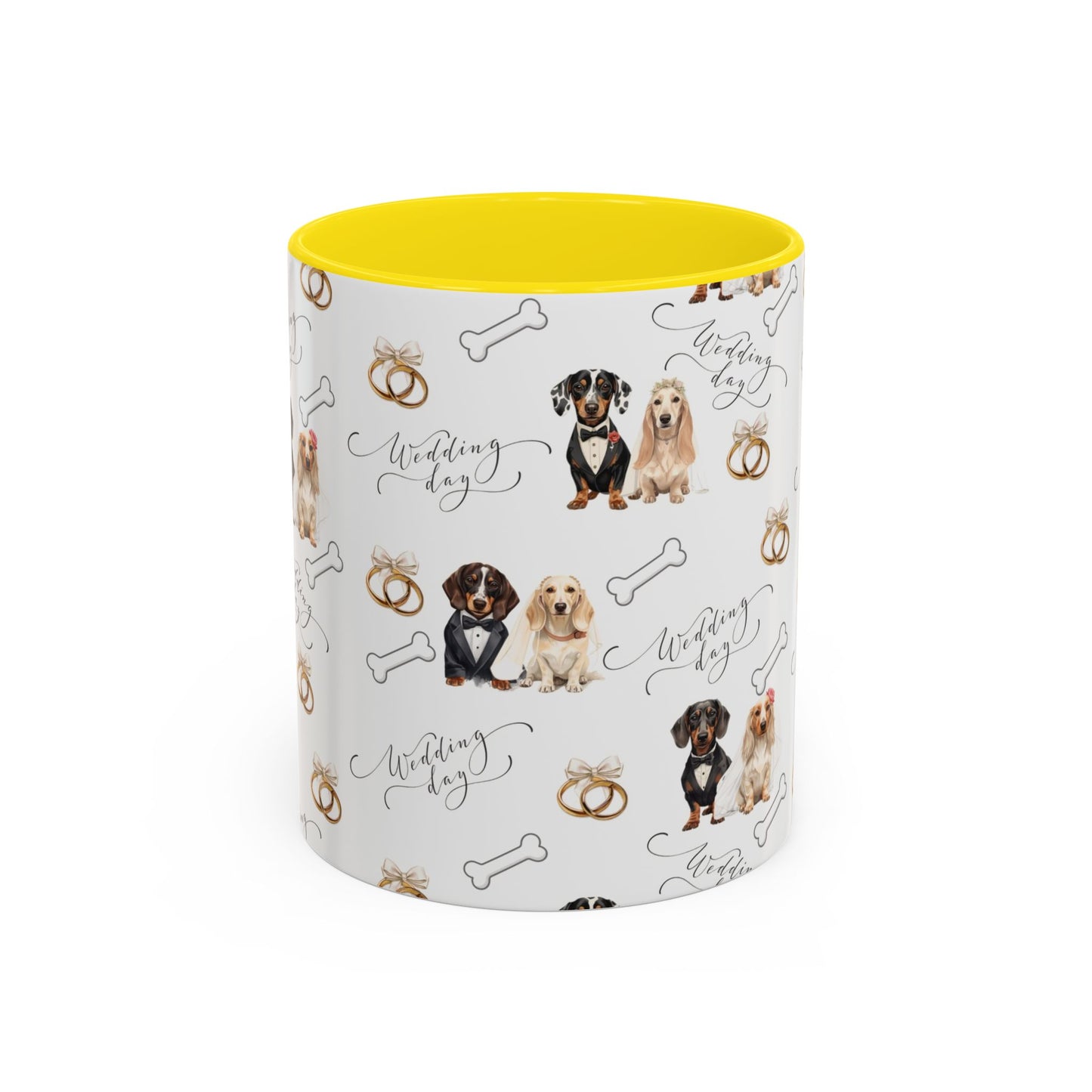 Wedding Dogs Coffee Mug — Cute Dachshund & Golden Retriever Pattern with 'Wedding Day' Accents (11/15oz)