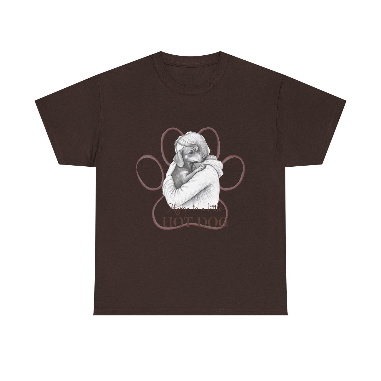 T‑Shirt — Retro Mom Dog Illustration with “MAMA to a Little HOT DOG” Text