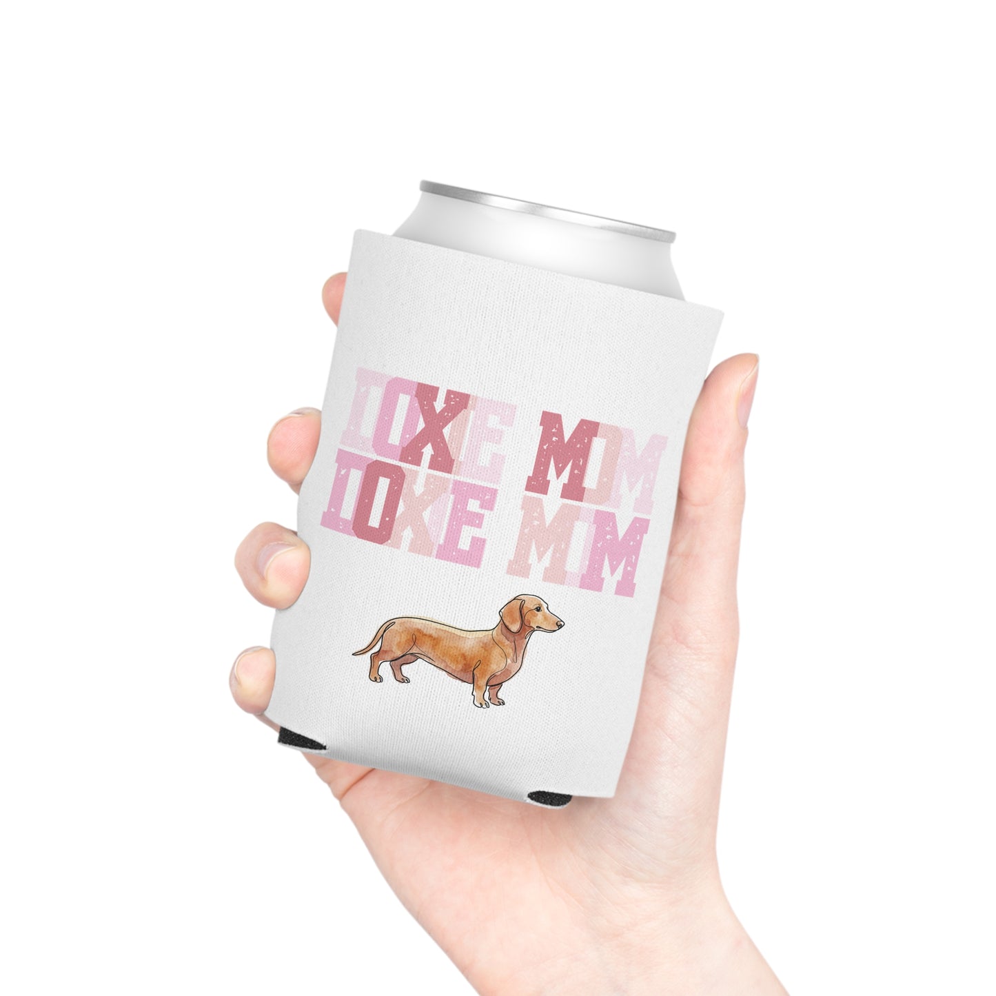 Dachshund Mom Can Cooler – 'Doxie Mom' Pink Watercolor Beer Koozie