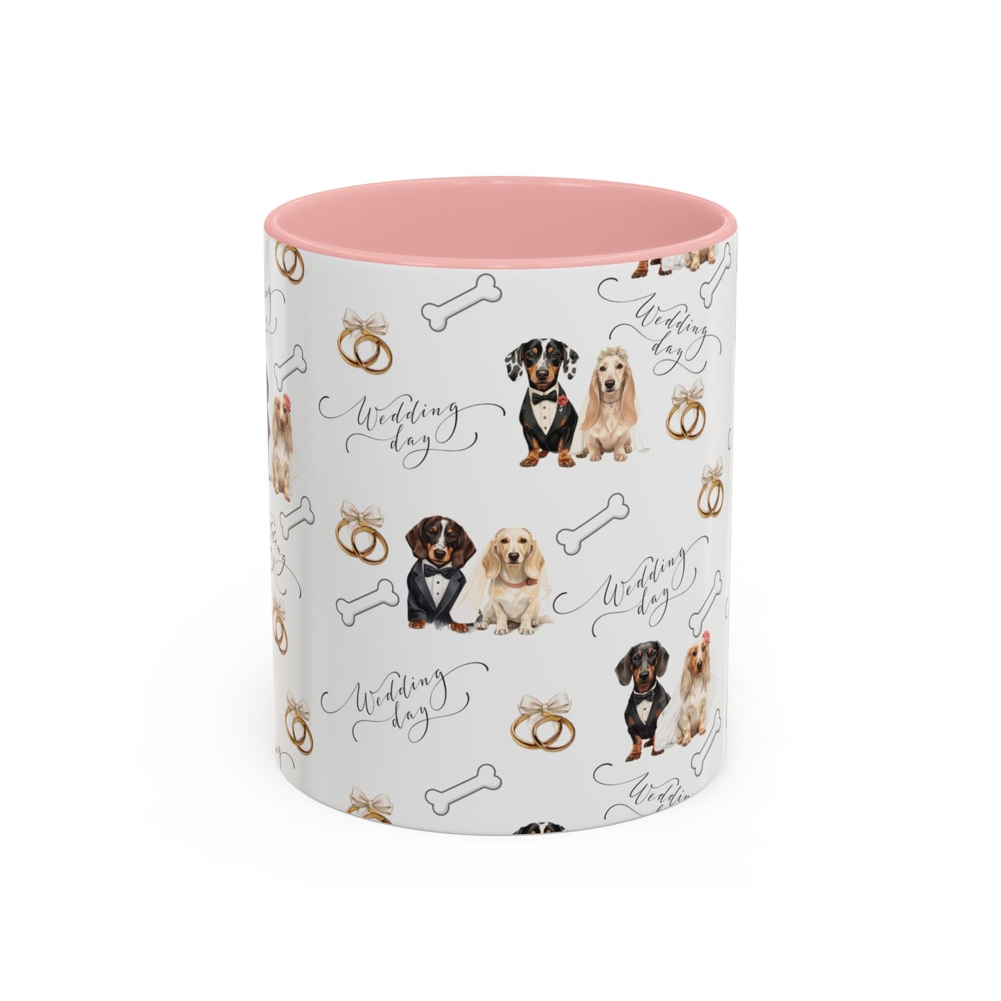 Wedding Dogs Coffee Mug — Cute Dachshund & Golden Retriever Pattern with 'Wedding Day' Accents (11/15oz)