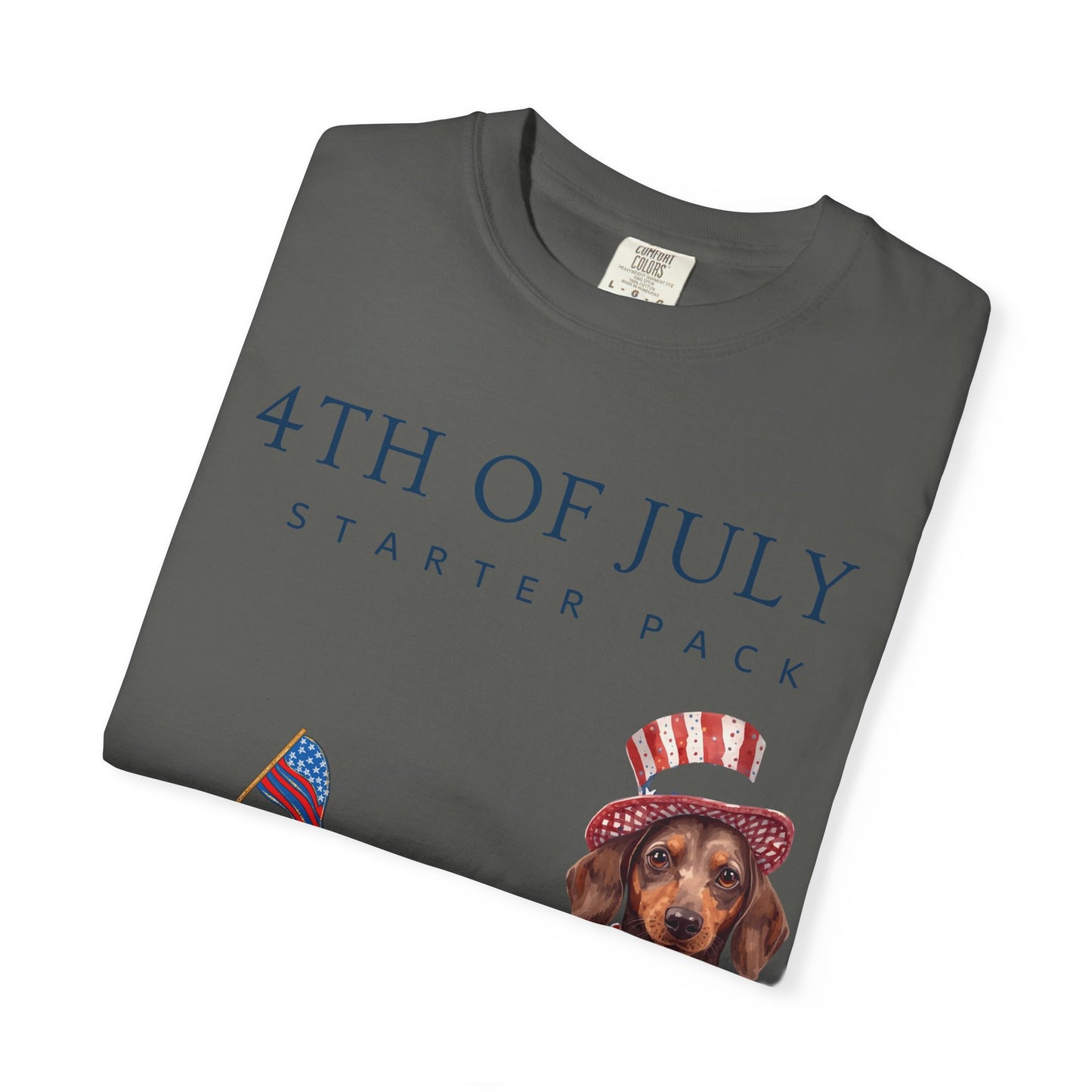 T-Shirt — "4th of July Starter Pack" Patriotic Dachshund Hot Dog Graphic Tee