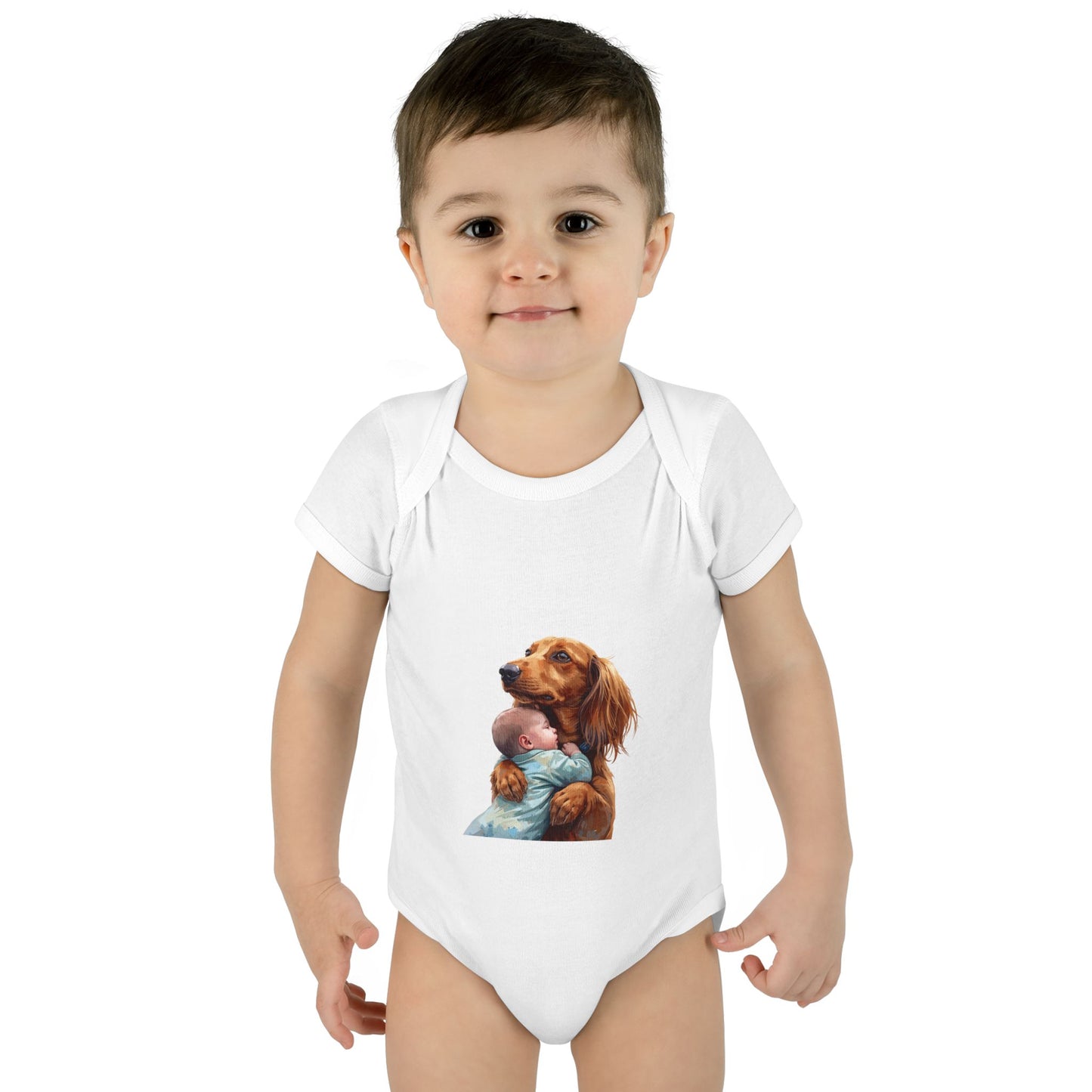 Baby Bodysuit with Dachshund Holding Newborn – Cute Infant Onesie Gift