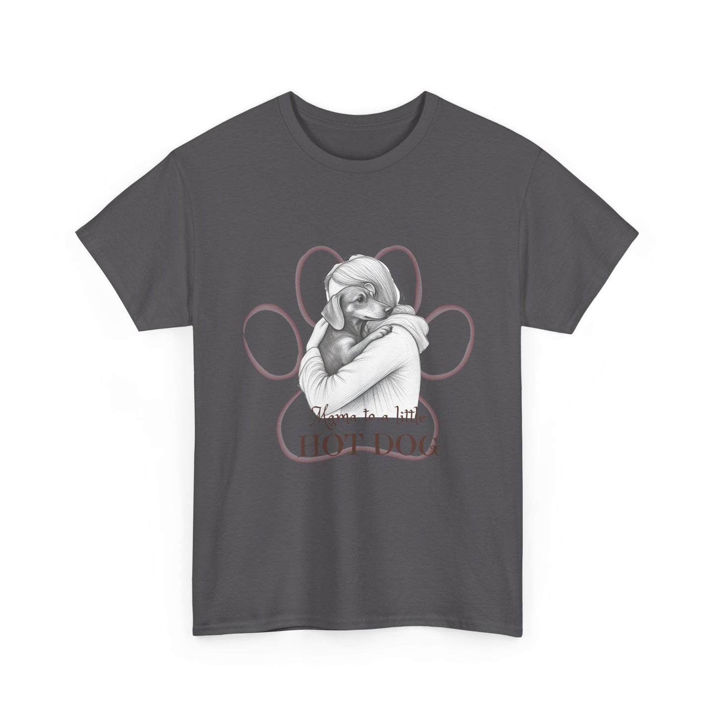 T‑Shirt — Retro Mom Dog Illustration with “MAMA to a Little HOT DOG” Text