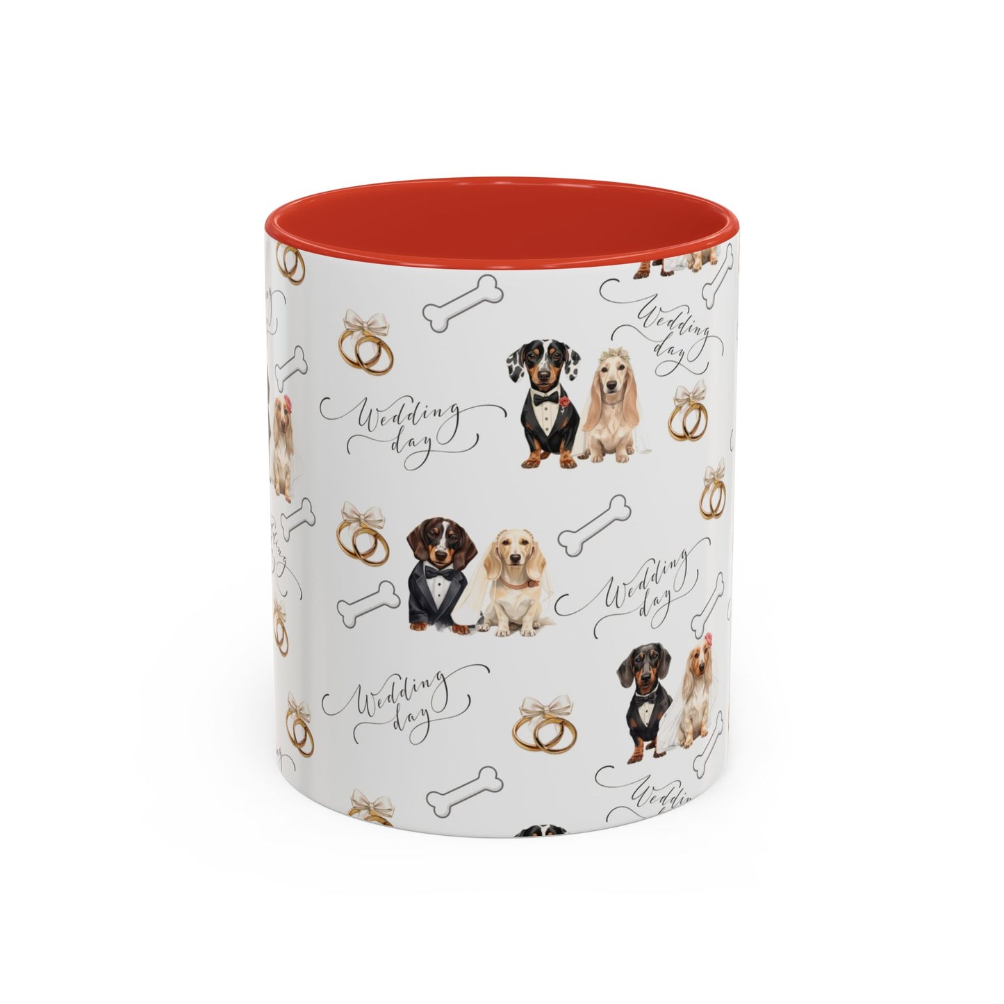 Wedding Dogs Coffee Mug — Cute Dachshund & Golden Retriever Pattern with 'Wedding Day' Accents (11/15oz)