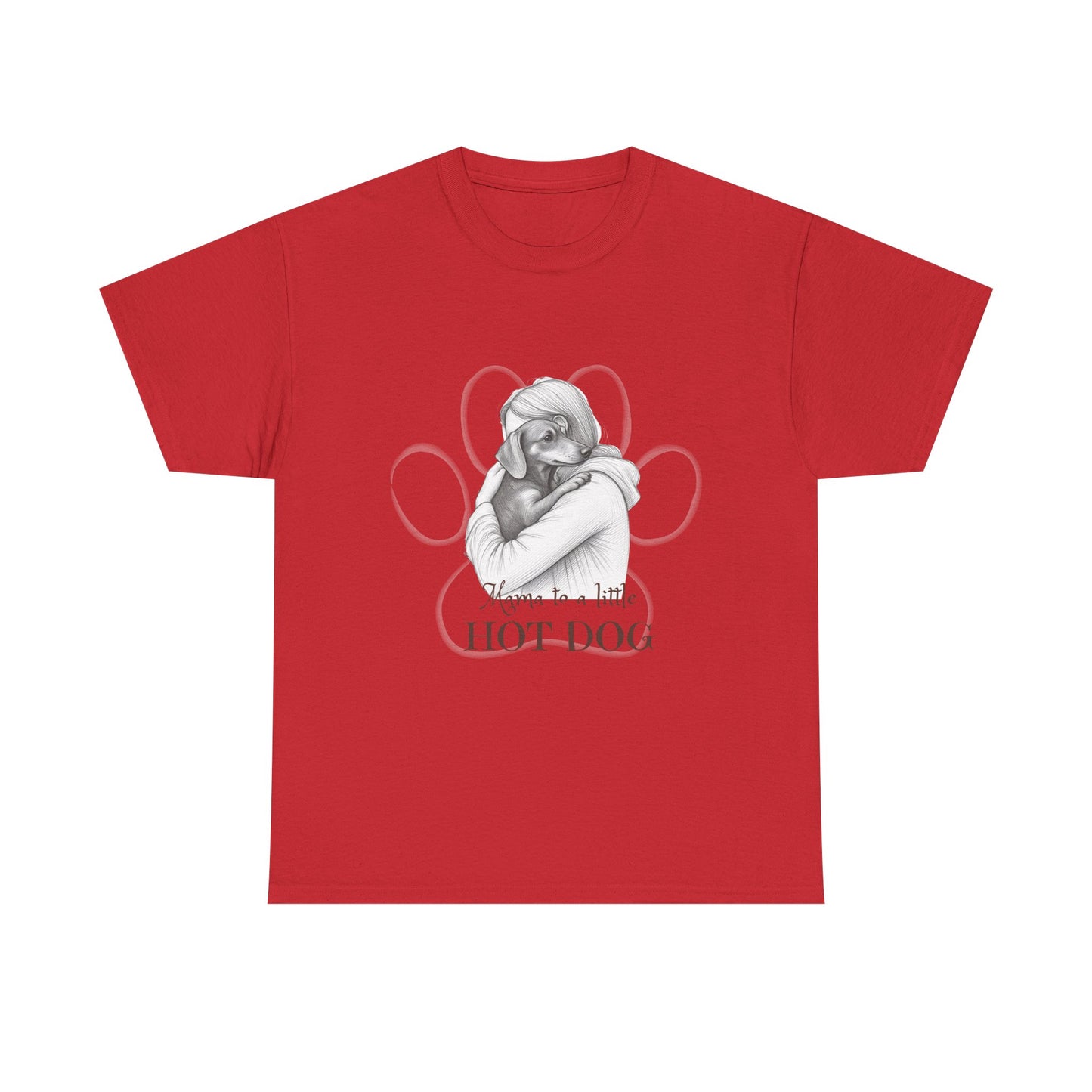 T‑Shirt — Retro Mom Dog Illustration with “MAMA to a Little HOT DOG” Text