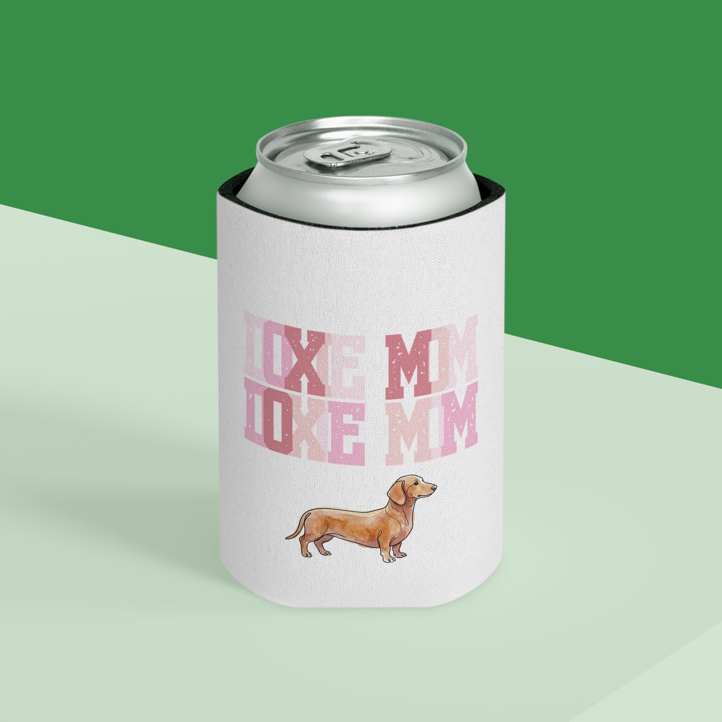 Dachshund Mom Can Cooler – 'Doxie Mom' Pink Watercolor Beer Koozie