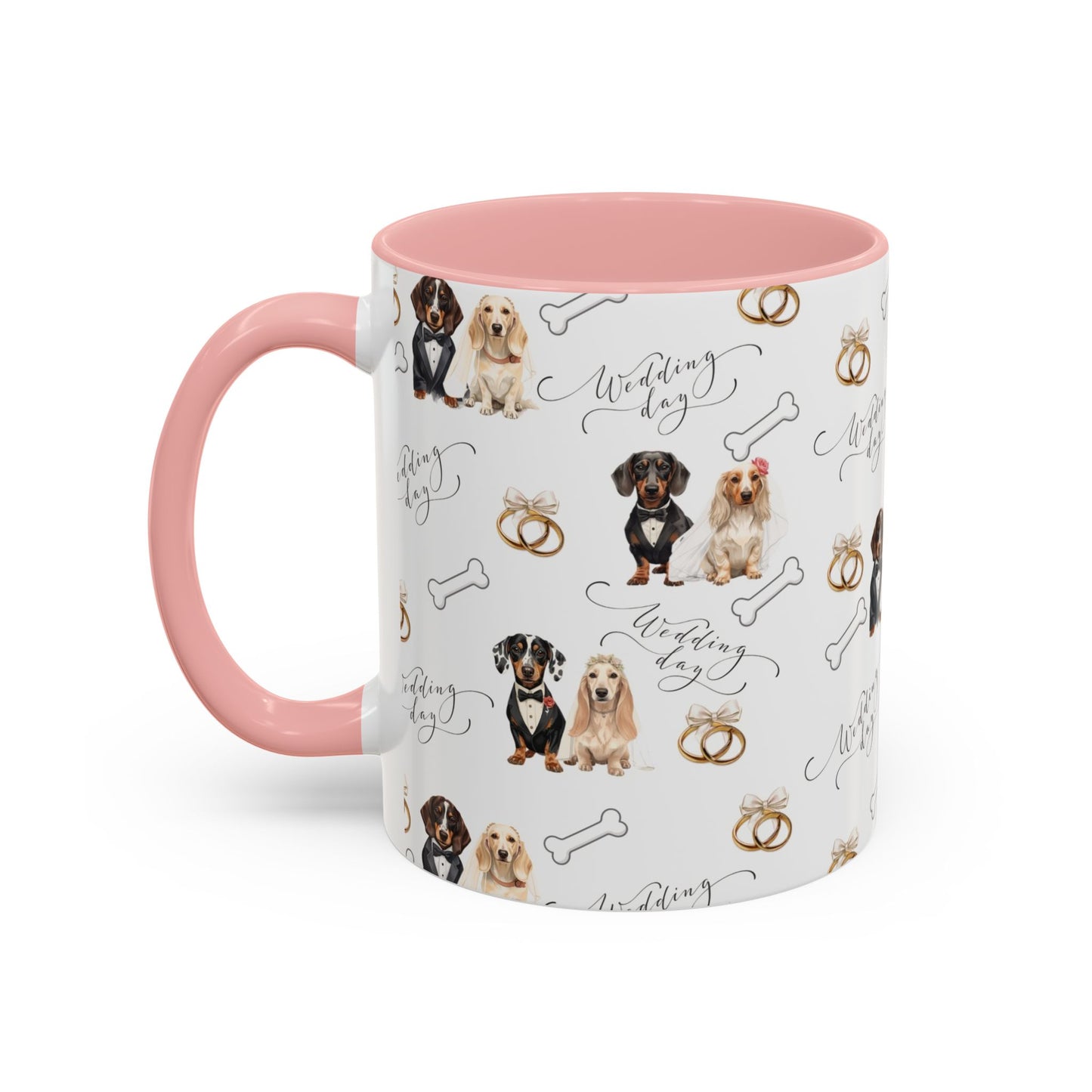 Wedding Dogs Coffee Mug — Cute Dachshund & Golden Retriever Pattern with 'Wedding Day' Accents (11/15oz)