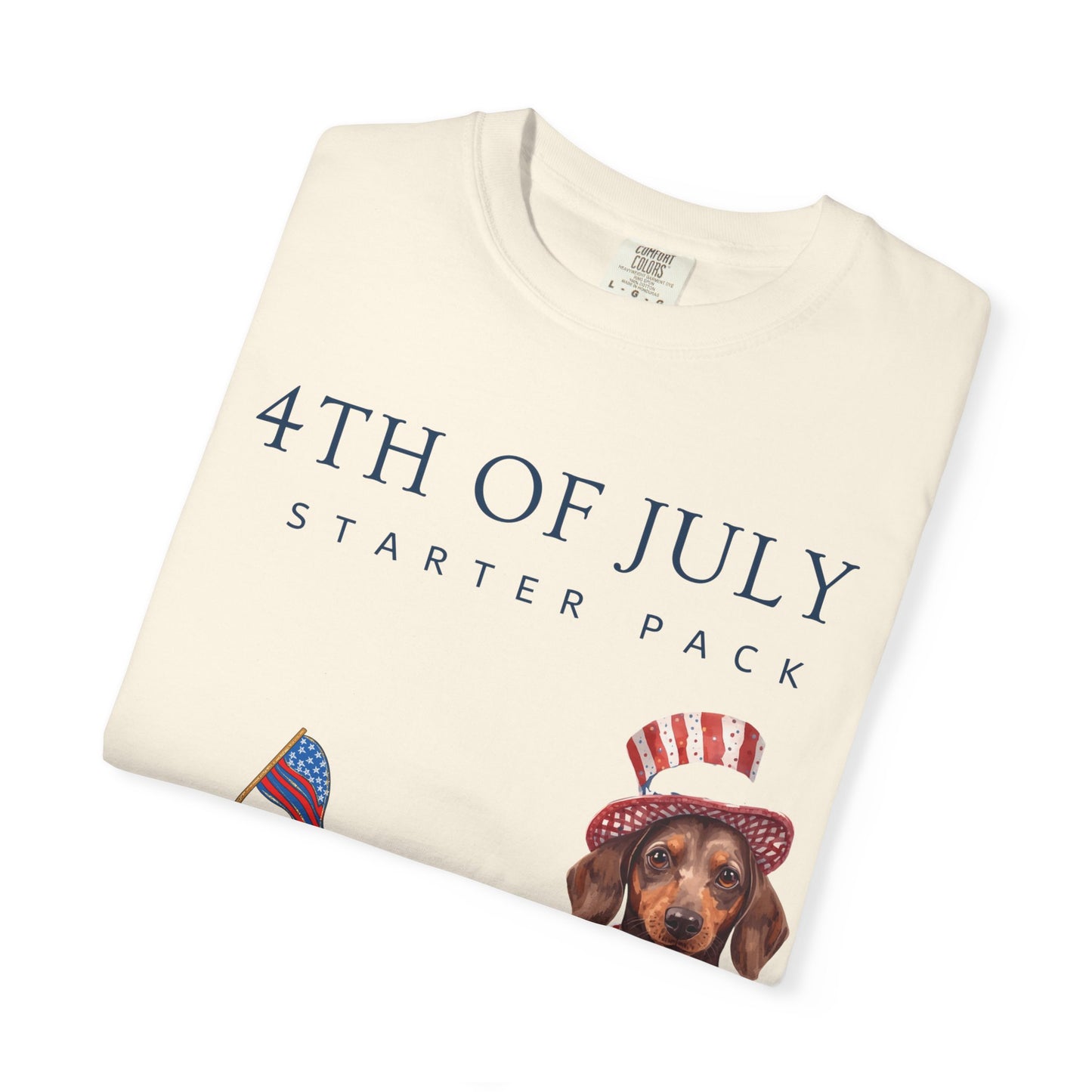 T-Shirt — "4th of July Starter Pack" Patriotic Dachshund Hot Dog Graphic Tee