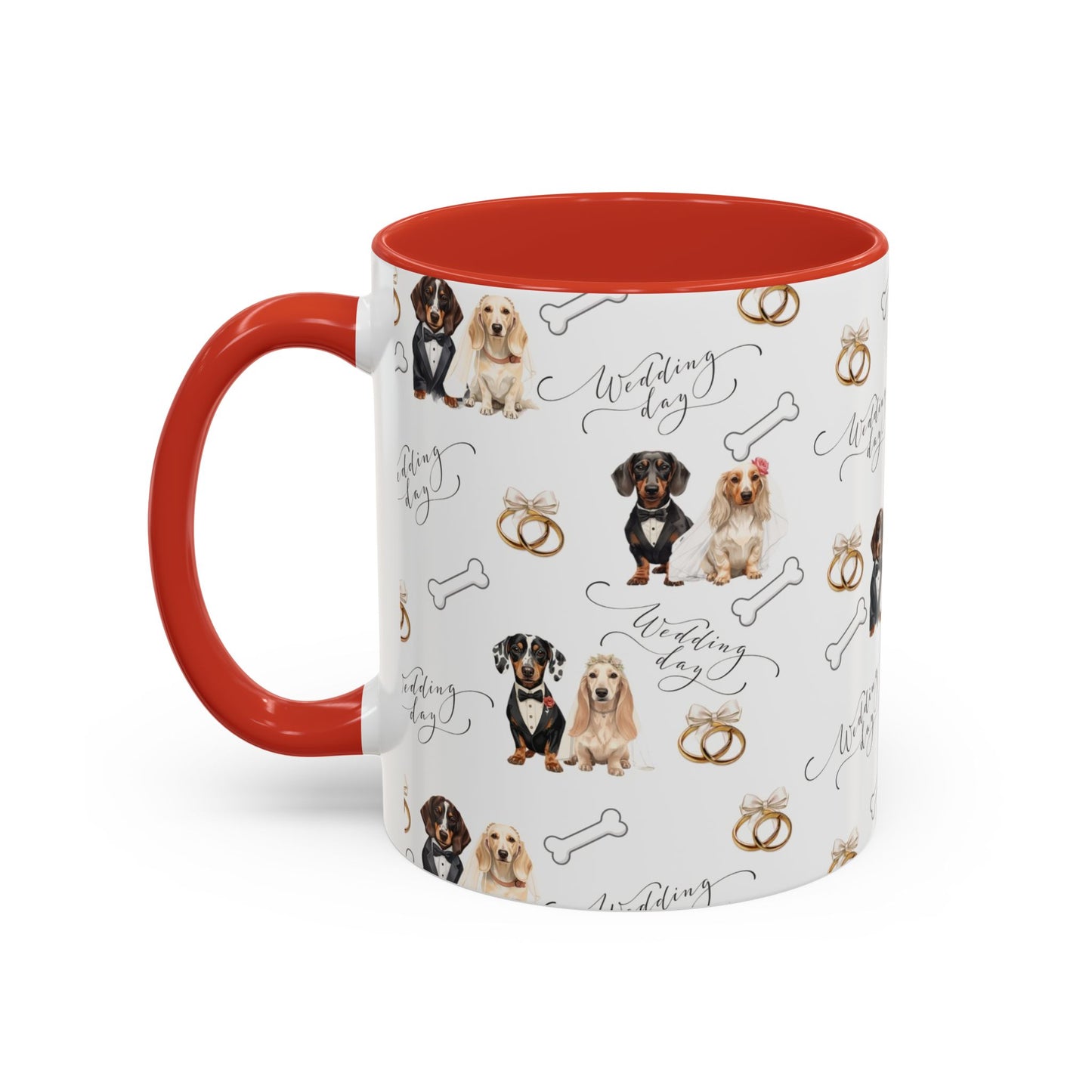 Wedding Dogs Coffee Mug — Cute Dachshund & Golden Retriever Pattern with 'Wedding Day' Accents (11/15oz)