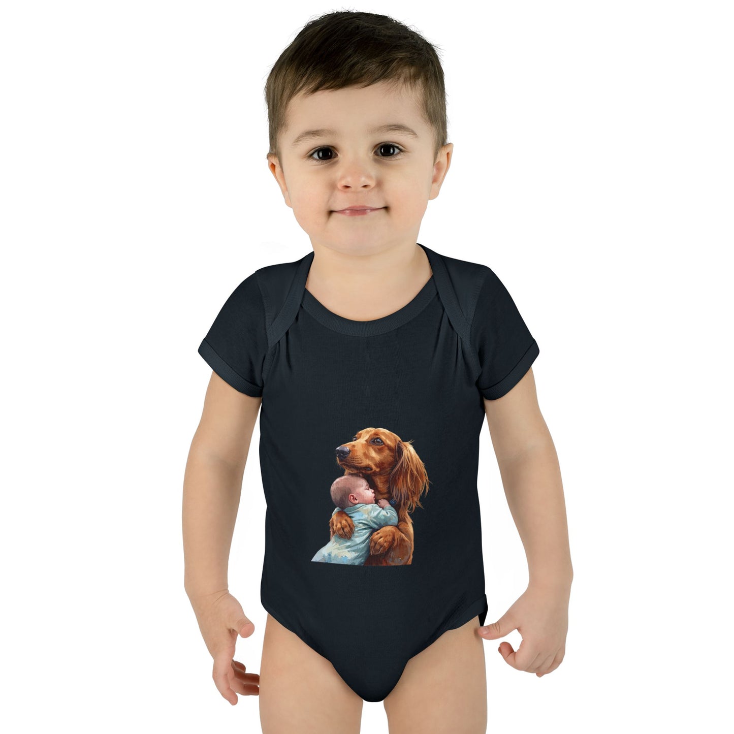 Baby Bodysuit with Dachshund Holding Newborn – Cute Infant Onesie Gift