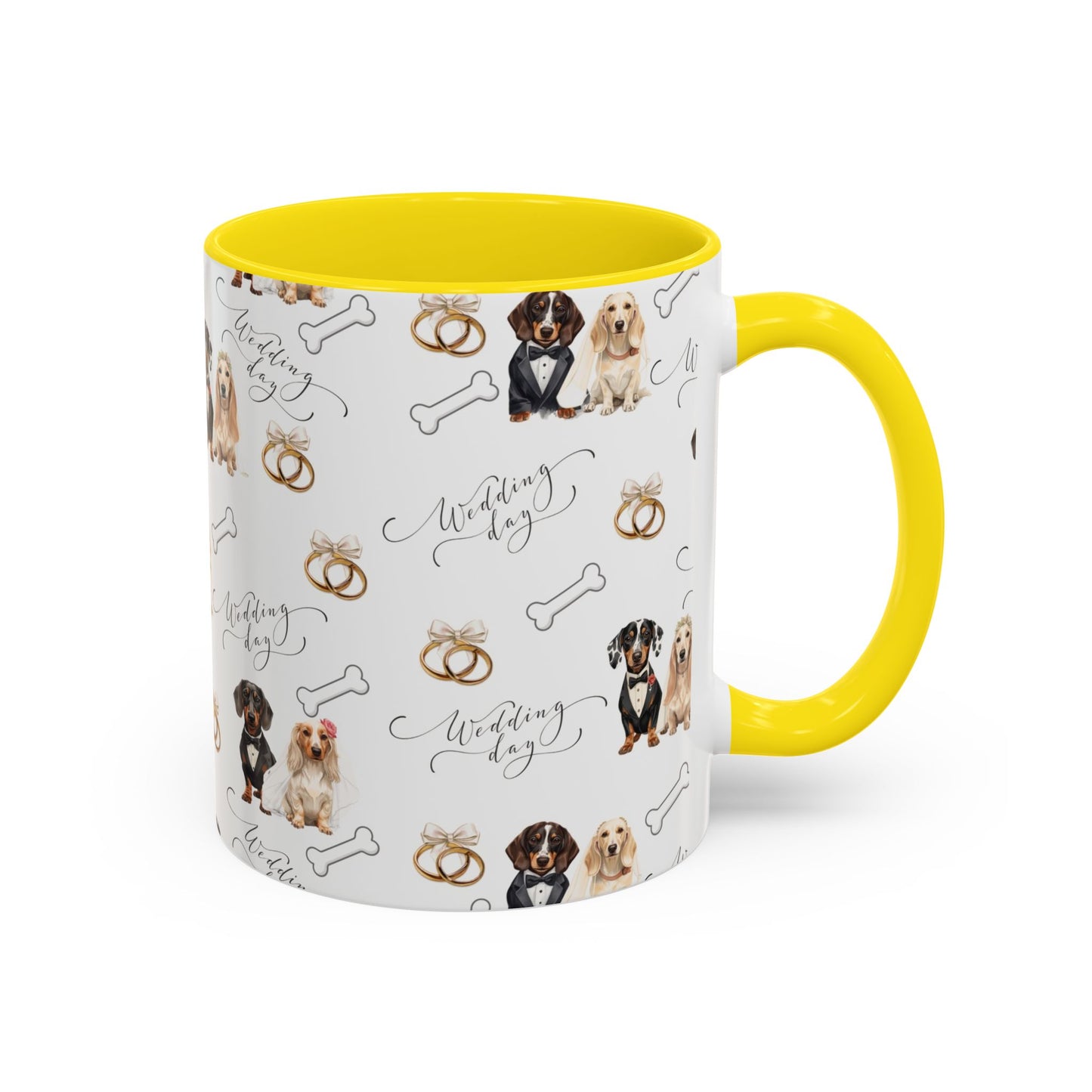 Wedding Dogs Coffee Mug — Cute Dachshund & Golden Retriever Pattern with 'Wedding Day' Accents (11/15oz)