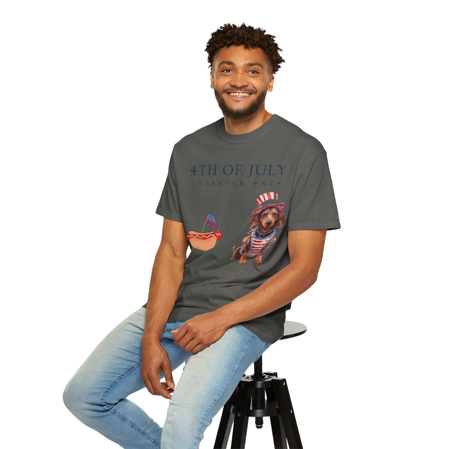 T-Shirt — "4th of July Starter Pack" Patriotic Dachshund Hot Dog Graphic Tee