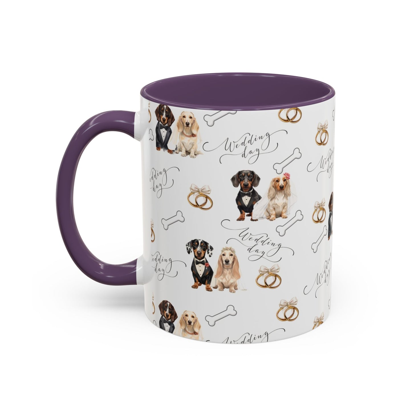 Wedding Dogs Coffee Mug — Cute Dachshund & Golden Retriever Pattern with 'Wedding Day' Accents (11/15oz)