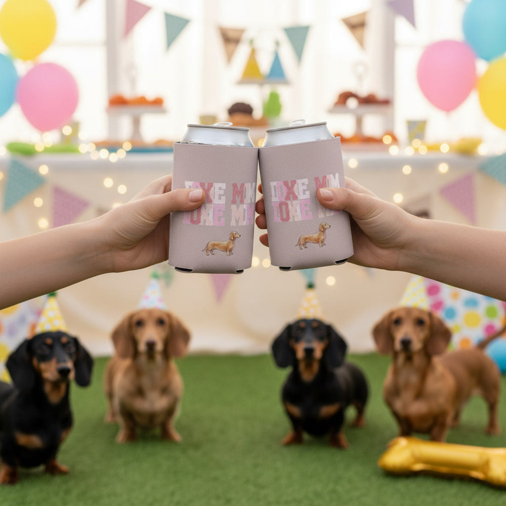 Dachshund Mom Can Cooler – 'Doxie Mom' Pink Watercolor Beer Koozie