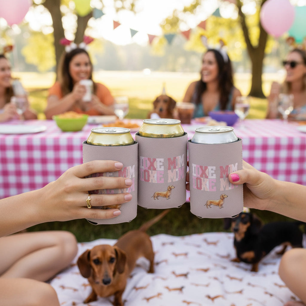 Dachshund Mom Can Cooler – 'Doxie Mom' Pink Watercolor Beer Koozie