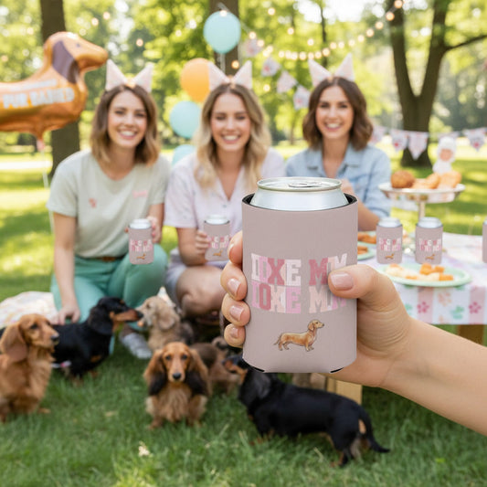 Dachshund Mom Can Cooler – 'Doxie Mom' Pink Watercolor Beer Koozie