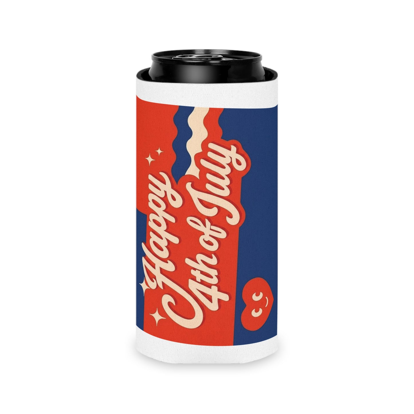 4th of July Can Cooler — "Happy 4th of July" Patriotic Beverage Koozie