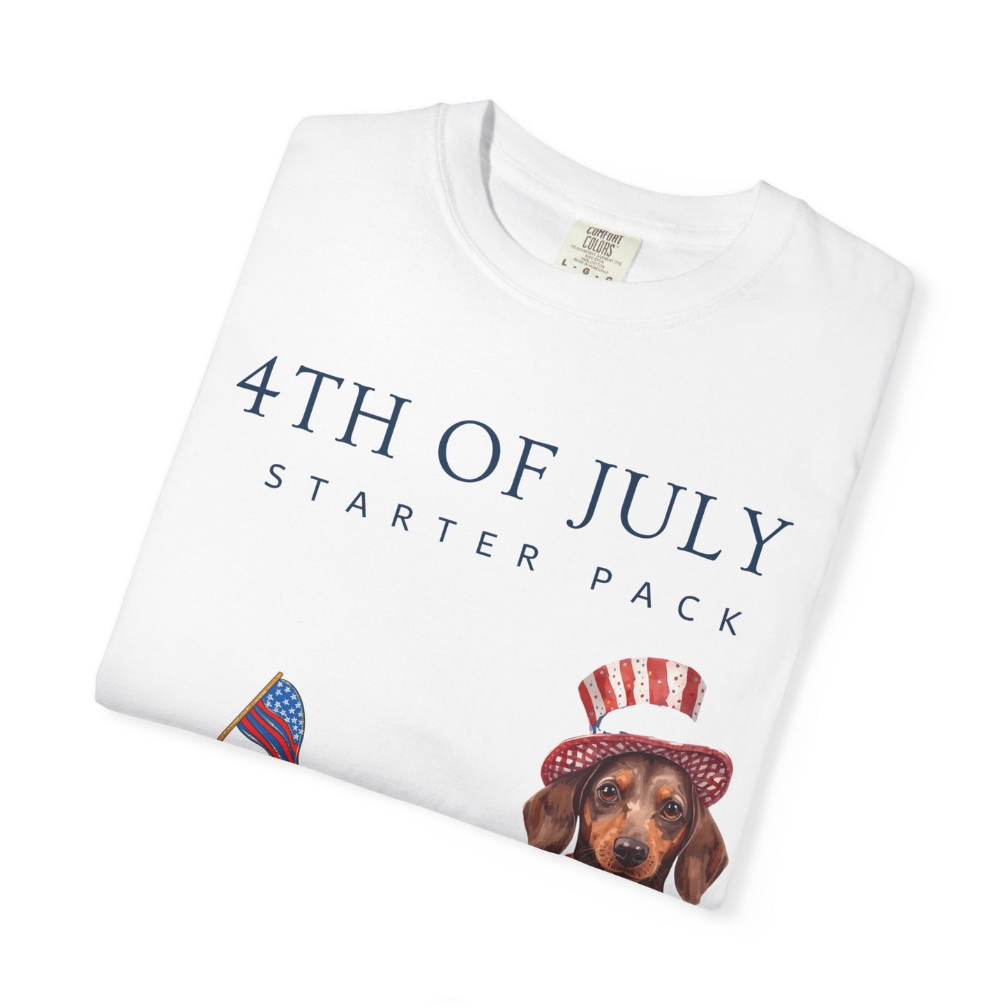 T-Shirt — "4th of July Starter Pack" Patriotic Dachshund Hot Dog Graphic Tee