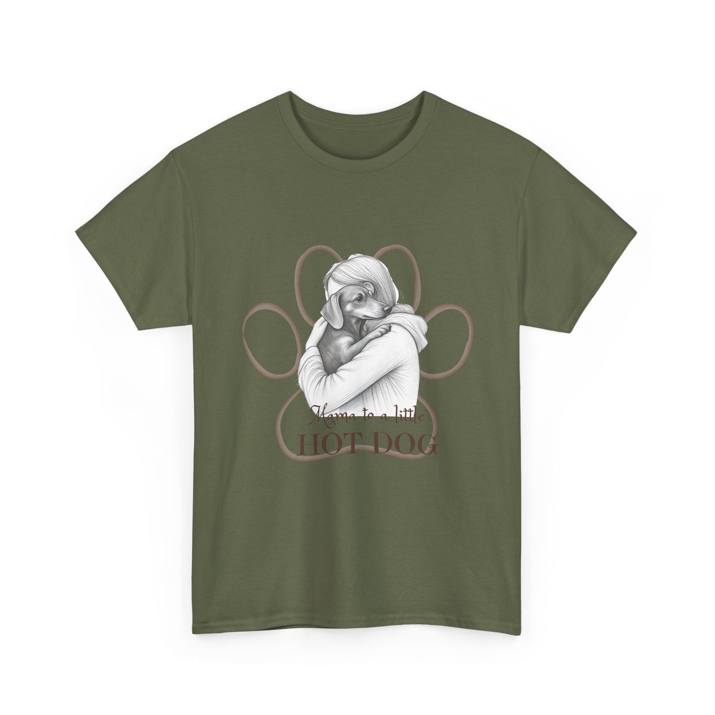 T‑Shirt — Retro Mom Dog Illustration with “MAMA to a Little HOT DOG” Text