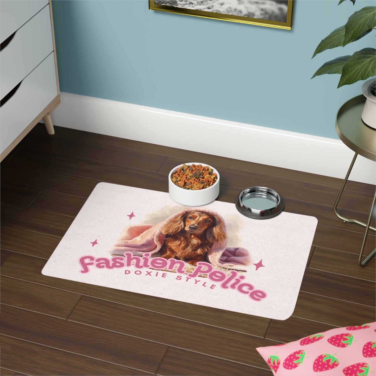 Pet Food Mat — "Fashion Pelice: Doxie Style" Dachshund Feeding Mat (12x18)