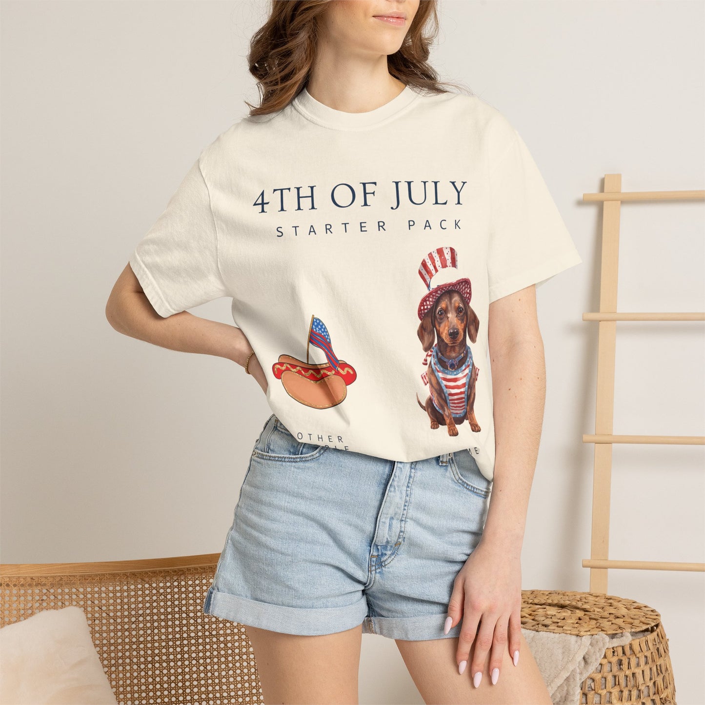 T-Shirt — "4th of July Starter Pack" Patriotic Dachshund Hot Dog Graphic Tee