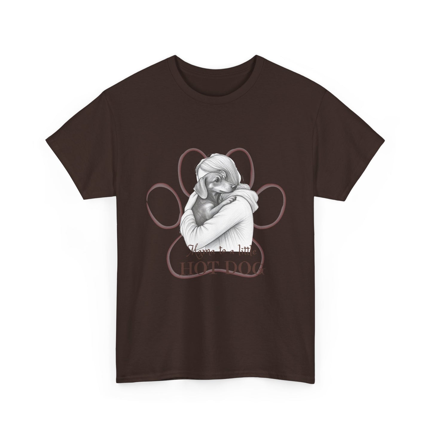T‑Shirt — Retro Mom Dog Illustration with “MAMA to a Little HOT DOG” Text