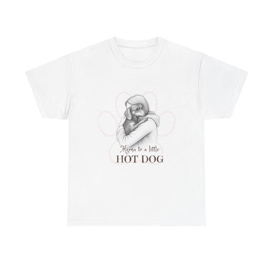T‑Shirt — Retro Mom Dog Illustration with “MAMA to a Little HOT DOG” Text