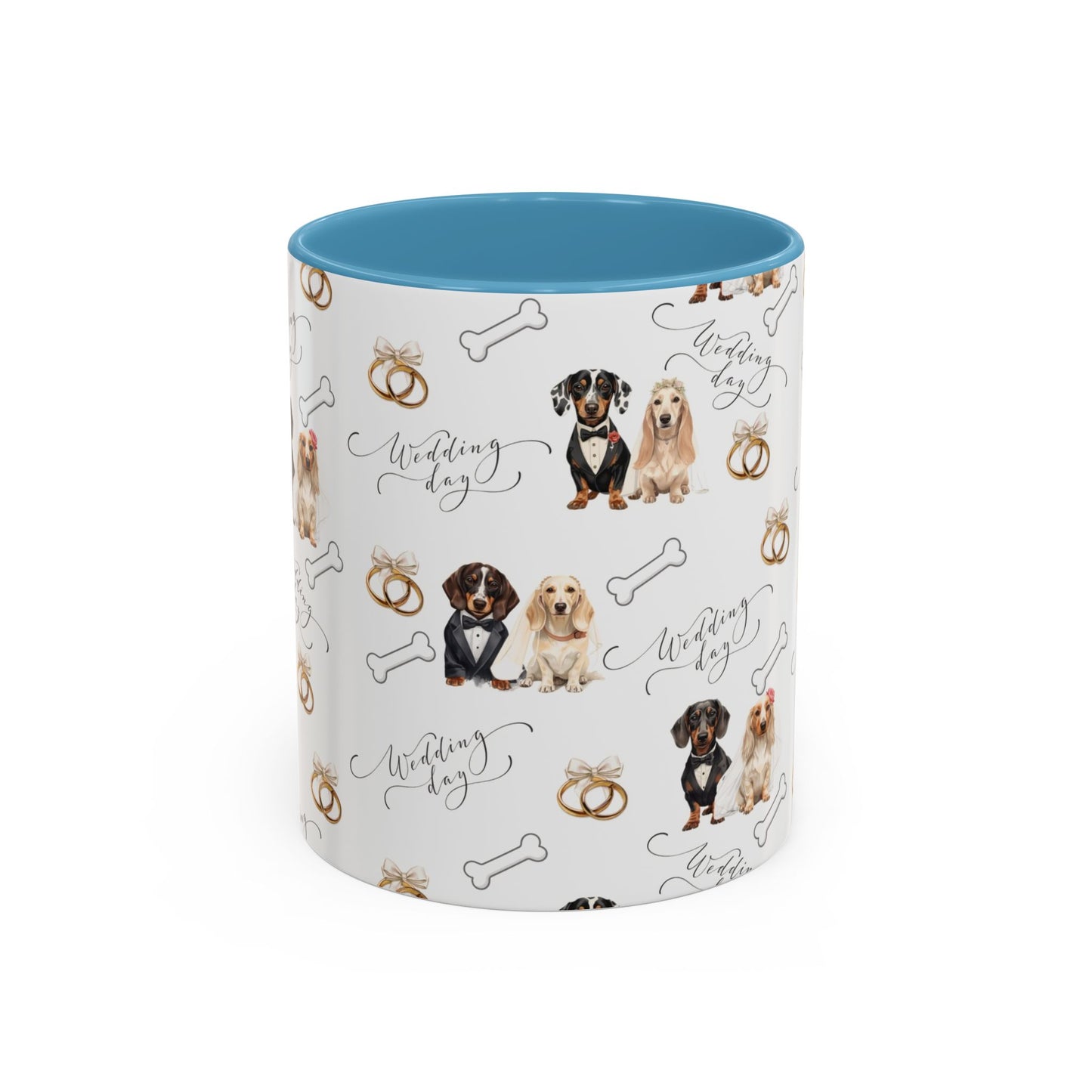 Wedding Dogs Coffee Mug — Cute Dachshund & Golden Retriever Pattern with 'Wedding Day' Accents (11/15oz)
