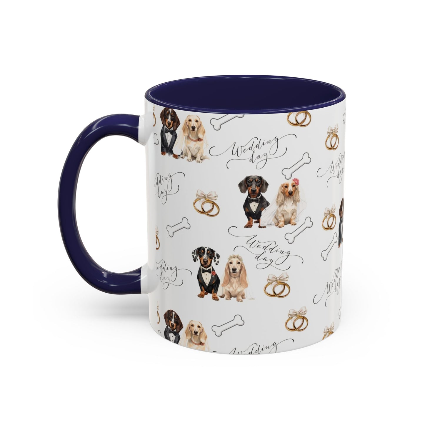 Wedding Dogs Coffee Mug — Cute Dachshund & Golden Retriever Pattern with 'Wedding Day' Accents (11/15oz)