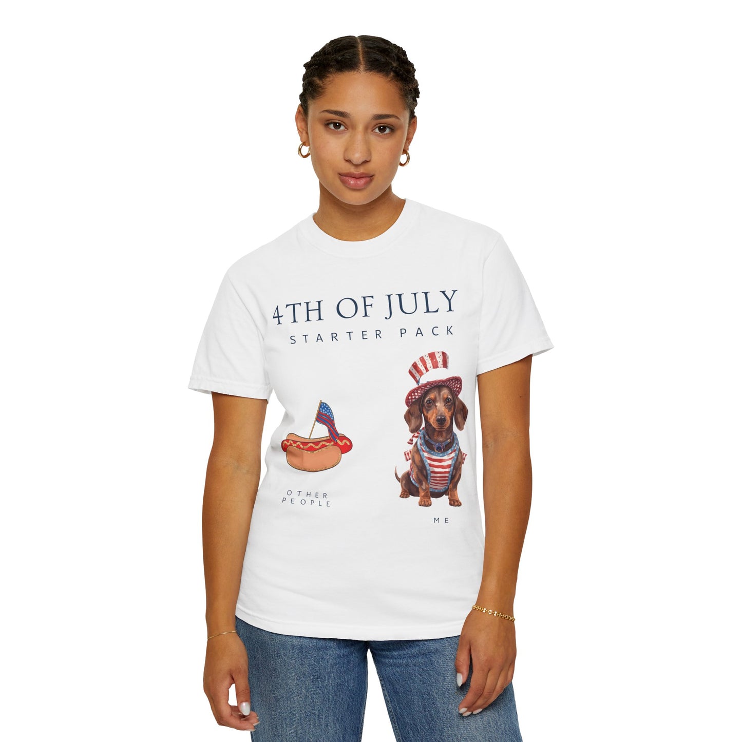 T-Shirt — "4th of July Starter Pack" Patriotic Dachshund Hot Dog Graphic Tee