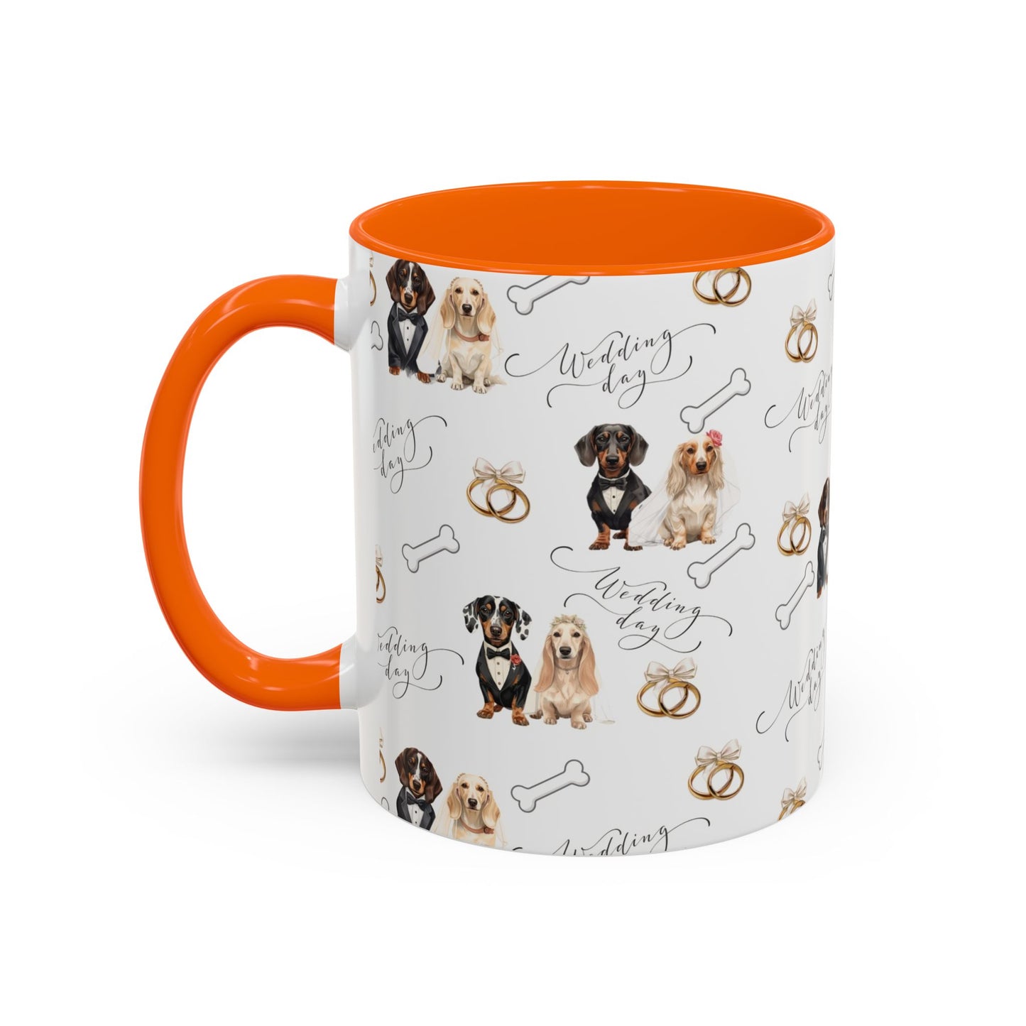 Wedding Dogs Coffee Mug — Cute Dachshund & Golden Retriever Pattern with 'Wedding Day' Accents (11/15oz)